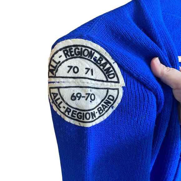 Vintage 60s 70s Varsity Letterman Cardigan Sweater Blue Wool B Patch Band Jacket - Picture 3 of 6